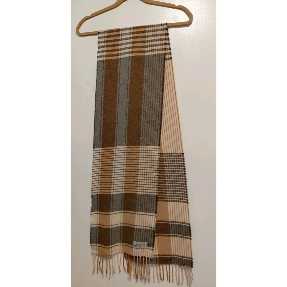 Cotswold Woollen Weavers Plaid Wool Scarf With Fringe Gold Gray Beige